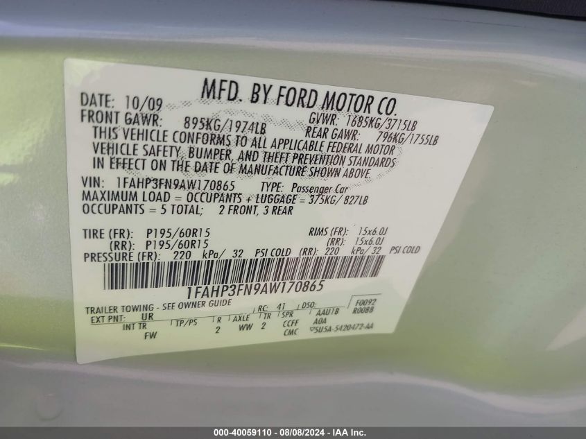 1FAHP3FN9AW170865 2010 Ford Focus Se