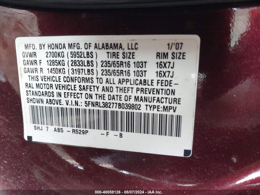2007 Honda Odyssey Lx VIN: 5FNRL38277B039802 Lot: 40059126