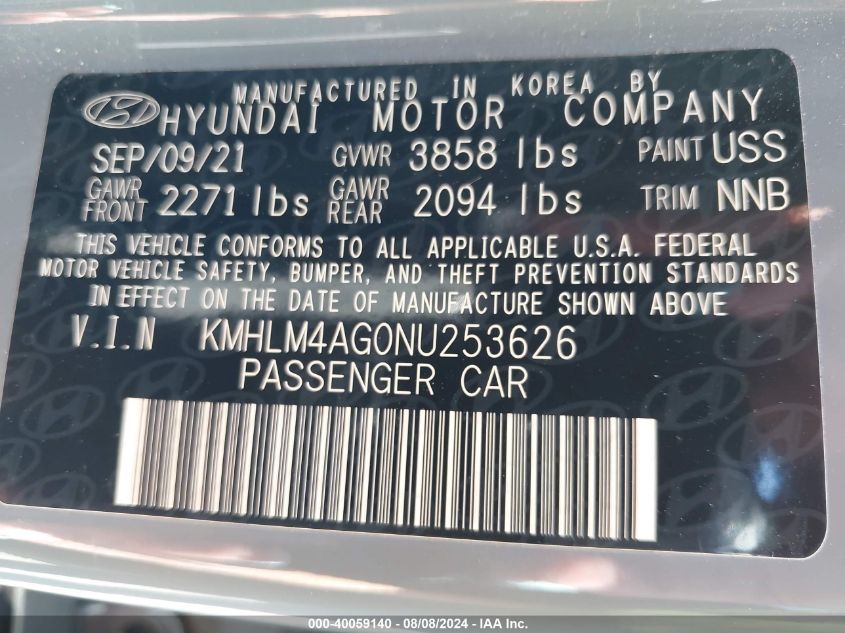 2022 Hyundai Elantra Sel VIN: KMHLM4AG0NU253626 Lot: 40059140