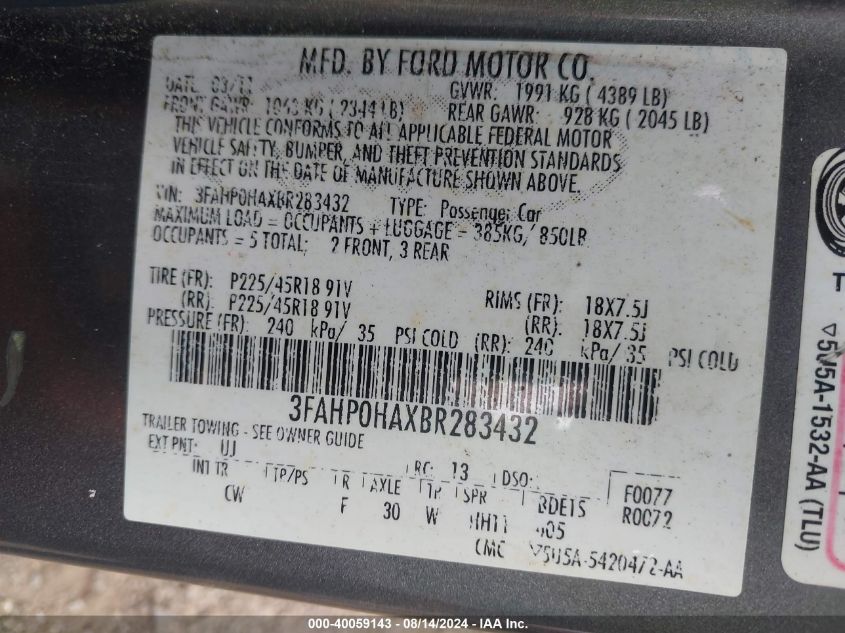 3FAHP0HAXBR283432 2011 Ford Fusion Se