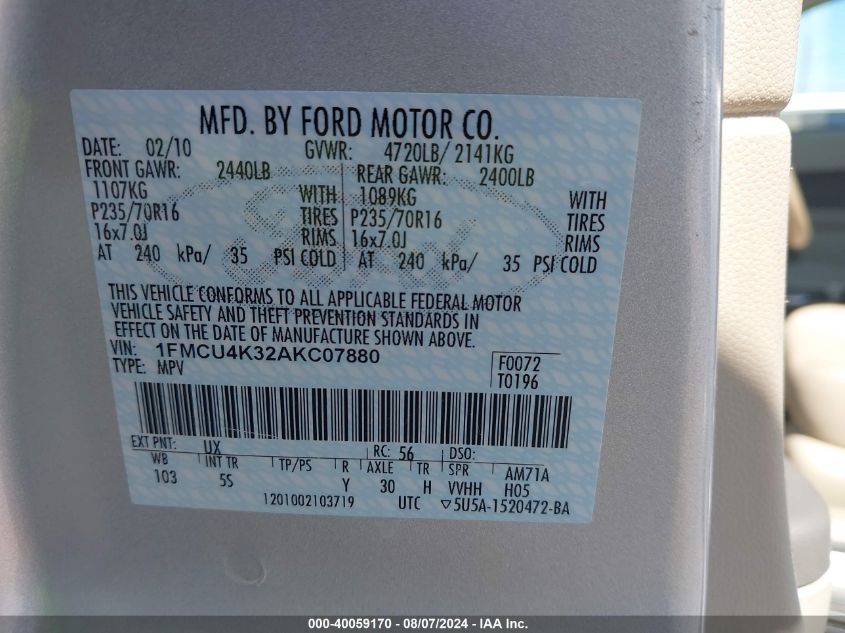 2010 Ford Escape Hybrid Limited VIN: 1FMCU4K32AKC07880 Lot: 40059170