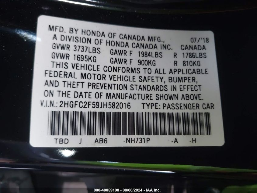 2018 Honda Civic Lx VIN: 2HGFC2F59JH582016 Lot: 40059190