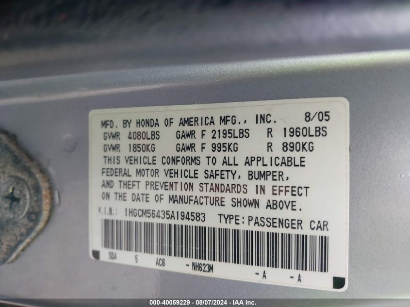 2005 Honda Accord 2.4 Lx VIN: 1HGCM56435A194583 Lot: 40059229