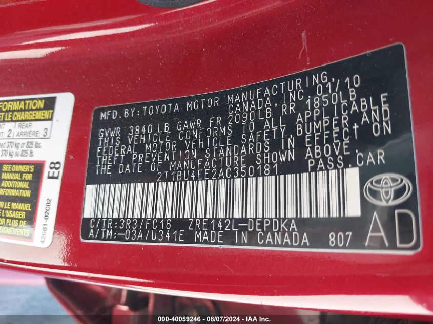 2010 Toyota Corolla Le VIN: 2T1BU4EE2AC350181 Lot: 40059246