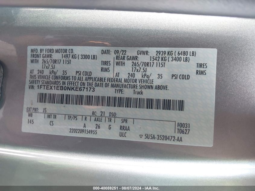 2022 Ford F150 Super Cab VIN: 1FTEX1EB0NKE6717 Lot: 40059251