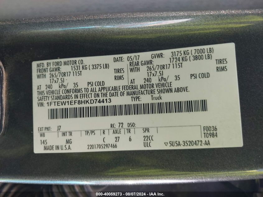 2017 Ford F-150 Xlt VIN: 1FTEW1EF8HKD74413 Lot: 61098914