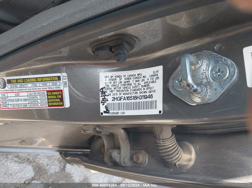 2008 Honda Civic Sdn Lx VIN: 2HGFA16518H311946 Lot: 40059284