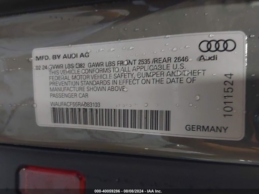 2024 Audi A5 Premium Plus 45 VIN: WAUFACF55RA083103 Lot: 40059286