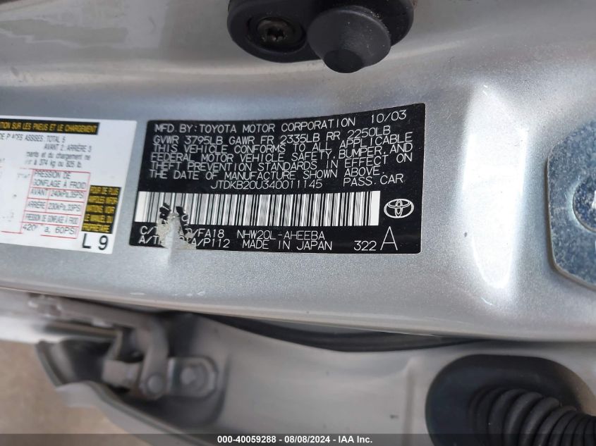 2004 Toyota Prius VIN: JTDKB20U340011145 Lot: 40059288