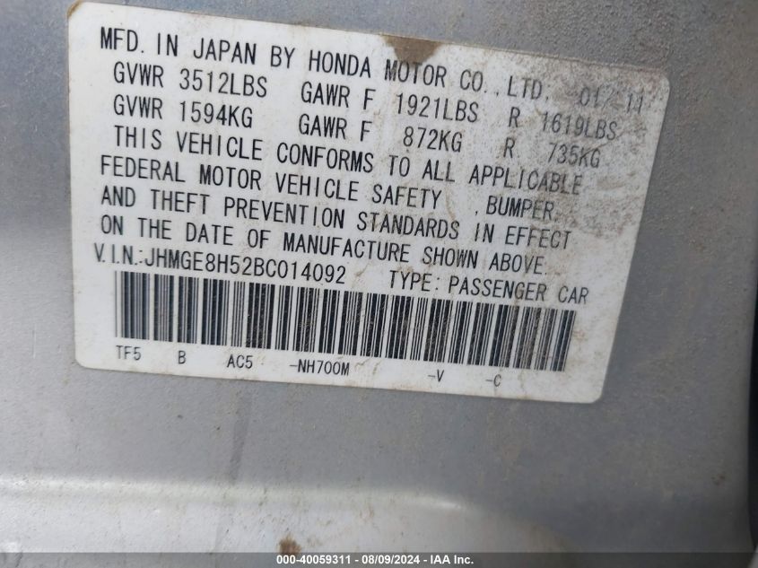 2011 Honda Fit Sport VIN: JHMGE8H52BC014092 Lot: 40059311