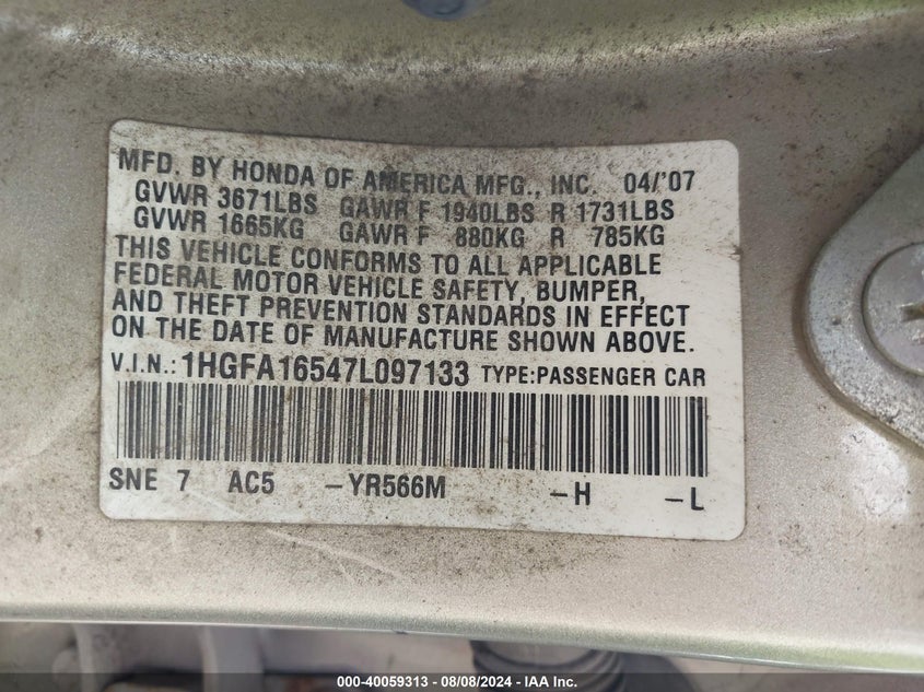 2007 Honda Civic Lx VIN: 1HGFA16547L097133 Lot: 40059313