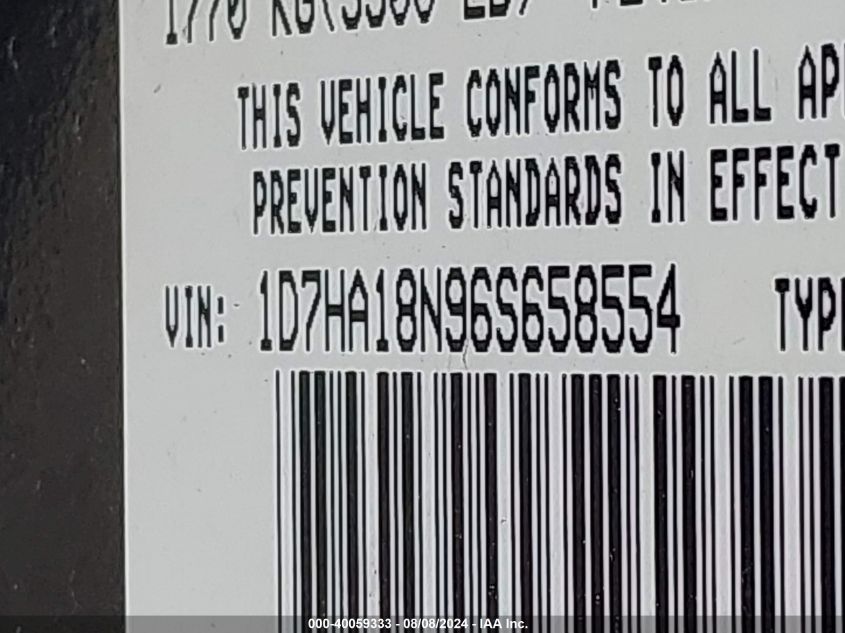 2006 Dodge Ram 1500 Slt VIN: 1D7HA18N96S658554 Lot: 40059333