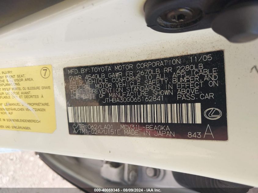 2006 Lexus Es 330 VIN: JTHBA30G065162841 Lot: 40059345