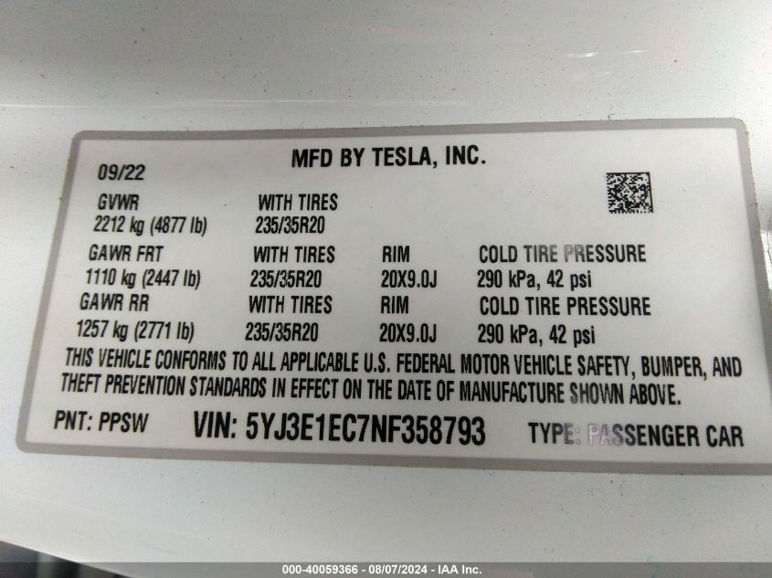 2022 Tesla Model 3 Performance Dual Motor All-Wheel Drive VIN: 5YJ3E1EC7NF358793 Lot: 40059366