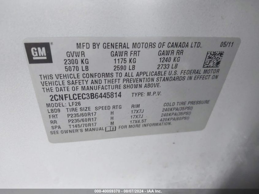 2011 Chevrolet Equinox Ls VIN: 2CNFLCEC3B6445814 Lot: 40059370