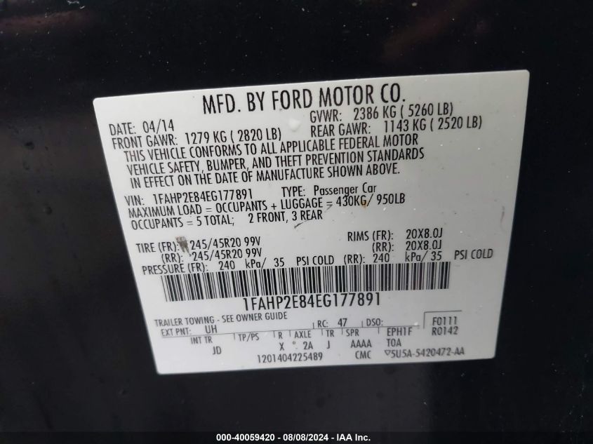 2014 Ford Taurus Sel VIN: 1FAHP2E84EG177891 Lot: 40059420