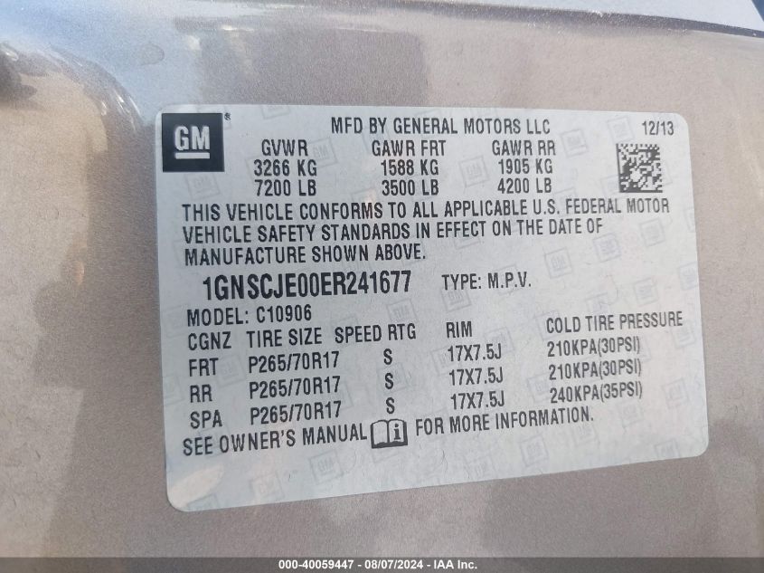2014 Chevrolet Suburban 1500 Lt VIN: 1GNSCJE00ER241677 Lot: 40059447