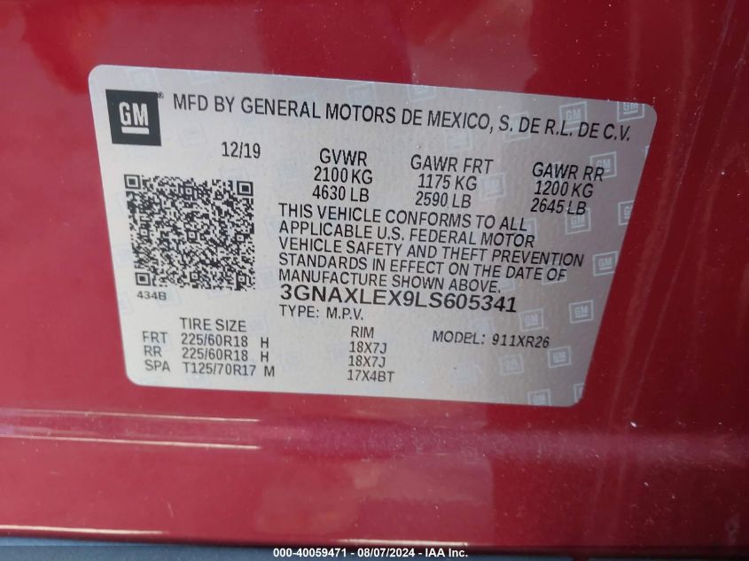 2020 Chevrolet Equinox Fwd Lt 2.0L Turbo VIN: 3GNAXLEX9LS605341 Lot: 40059471