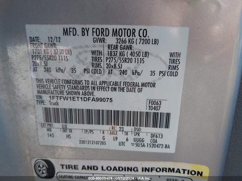 2013 Ford F-150 Lariat VIN: 1FTFW1ET1DFA99075 Lot: 40059489