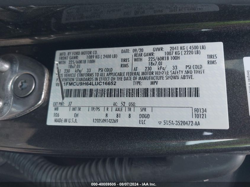 2020 Ford Escape Sel VIN: 1FMCU9H64LUC16652 Lot: 40059505