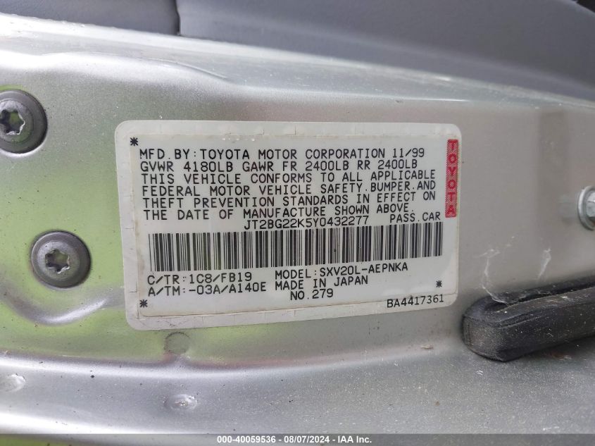 2000 Toyota Camry Le VIN: JT2BG22K5Y0432277 Lot: 40059536