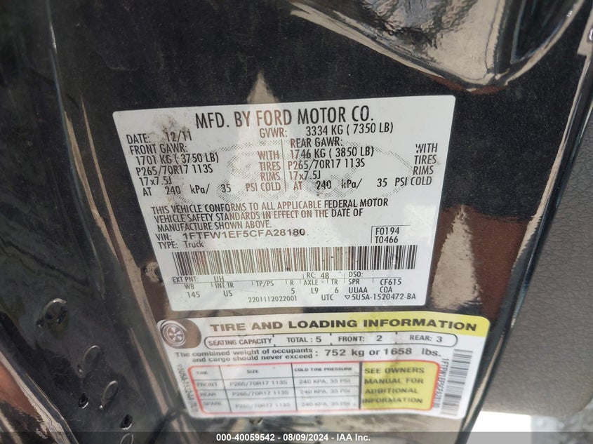 2012 Ford F-150 Xlt VIN: 1FTFW1EF5CFA28180 Lot: 40059542