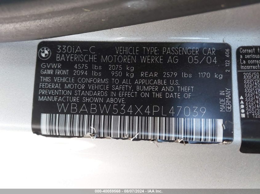2004 BMW 330Ci VIN: WBABW534X4PL47039 Lot: 40059568