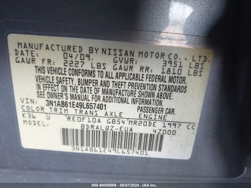 2009 Nissan Sentra 2.0 VIN: 3N1AB61E49L657401 Lot: 40059569