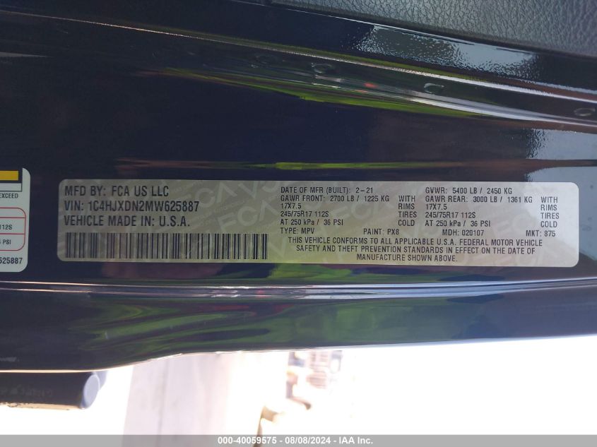 2021 JEEP WRANGLER UNLIMITED SPORT - 1C4HJXDN2MW625887