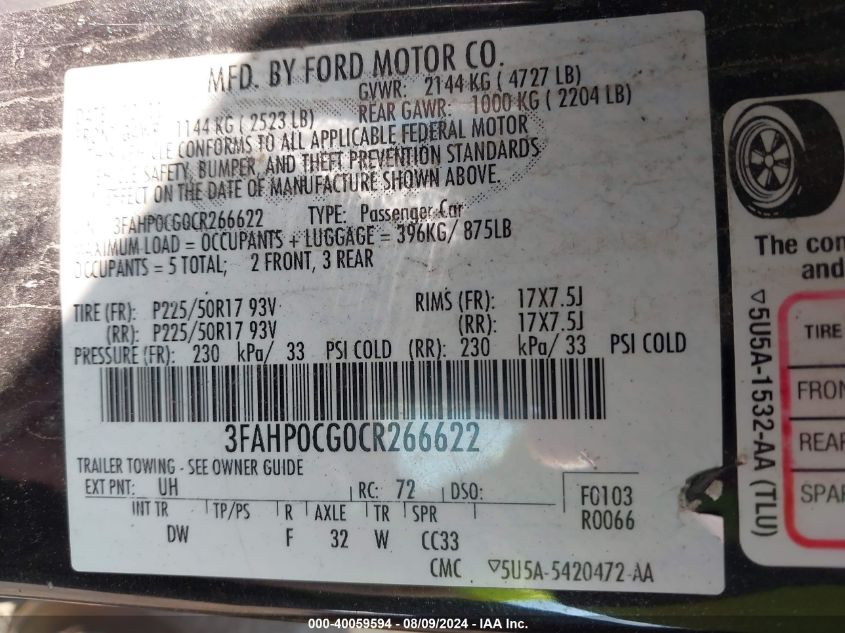 2012 Ford Fusion Sel VIN: 3FAHP0CG0CR266622 Lot: 40059594