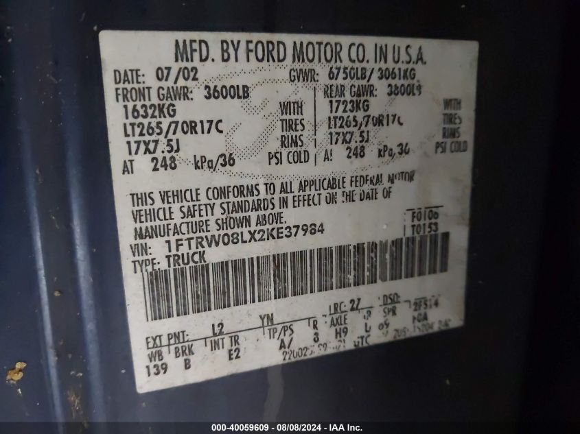 2002 Ford F-150 Lariat/Xlt VIN: 1FTRW08LX2KE37984 Lot: 40059609