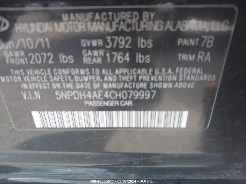 2012 Hyundai Elantra Gls/Limited VIN: 5NPDH4AE4CH079997 Lot: 40059617