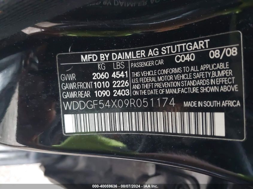 2009 Mercedes-Benz C 300 Luxury/Sport VIN: WDDGF54X09R051174 Lot: 40059636