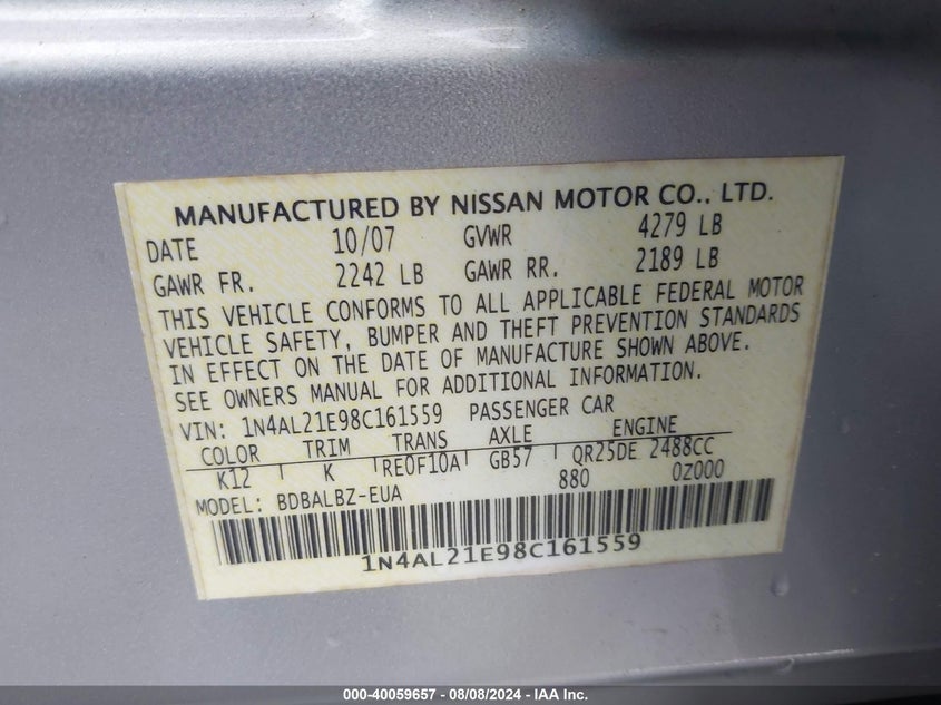 2008 Nissan Altima 2.5 S VIN: 1N4AL21E98C161559 Lot: 40059657