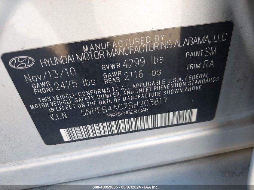 5NPEB4AC2BH203817 2011 Hyundai Sonata Gls
