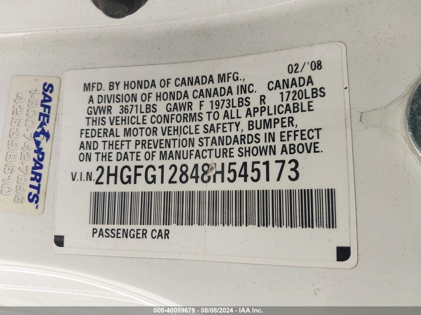 2008 Honda Civic Ex VIN: 2HGFG12848H545173 Lot: 40059679