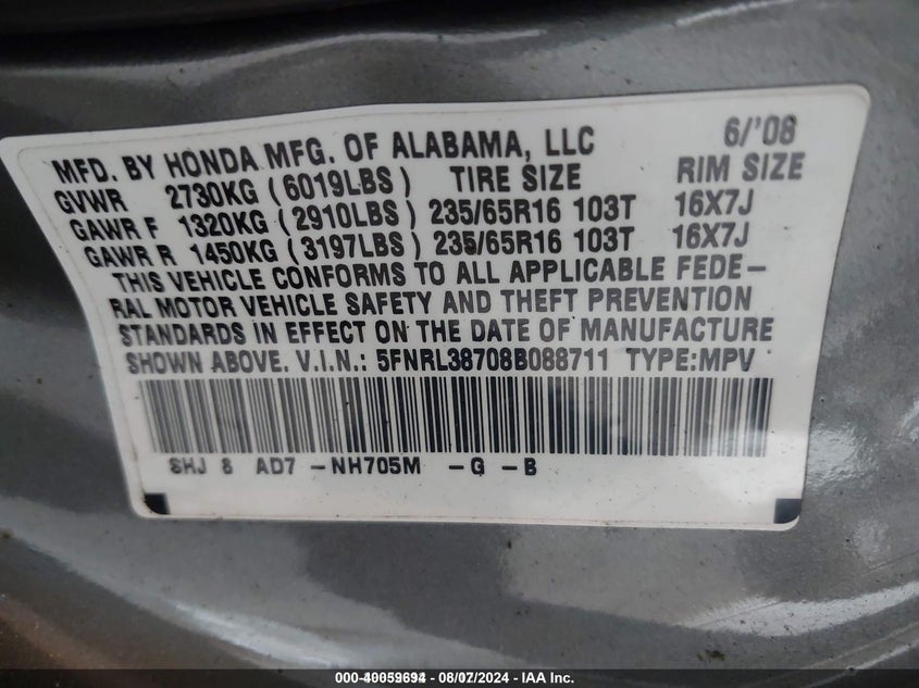 2008 Honda Odyssey Ex-L VIN: 5FNRL38708B088711 Lot: 40059694