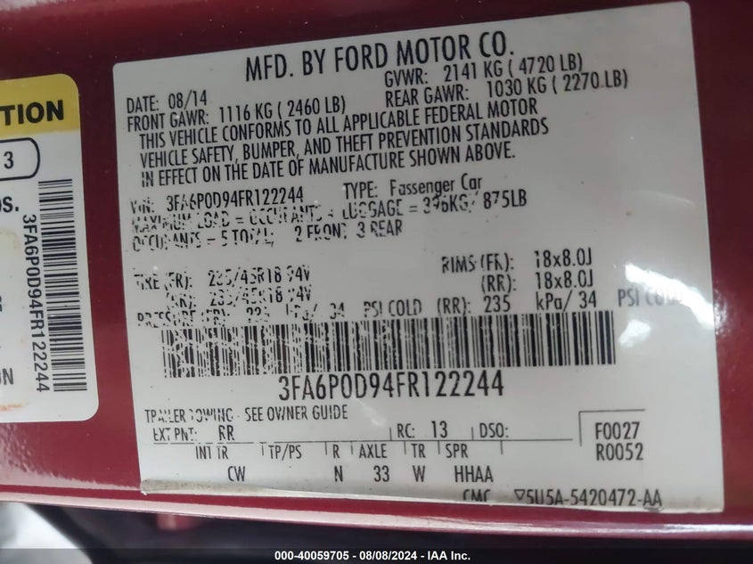 2015 Ford Fusion Titanium VIN: 3FA6P0D94FR122244 Lot: 40059705