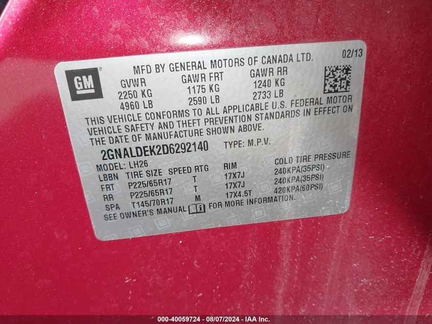 2013 Chevrolet Equinox 1Lt VIN: 2GNALDEK2D6292140 Lot: 40059724