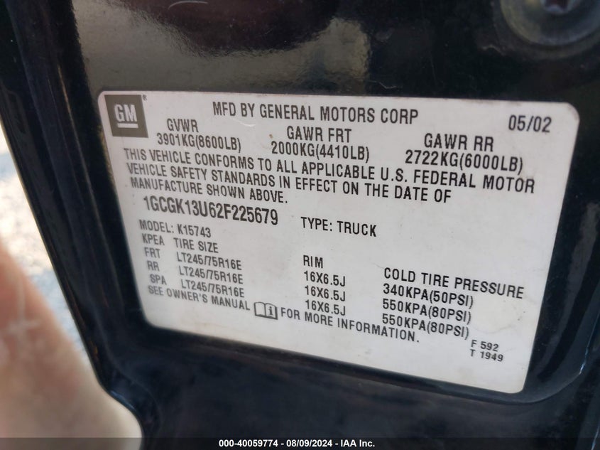 2002 Chevrolet Silverado 1500Hd Ls VIN: 1GCGK13U62F225679 Lot: 40059774