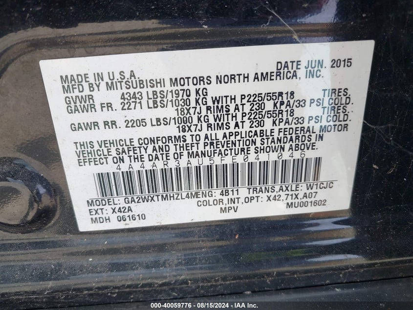 2015 MITSUBISHI OUTLANDER SPORT ES - 4A4AR3AU5FE041046