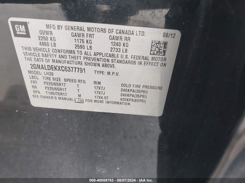 2012 Chevrolet Equinox 1Lt VIN: 2GNALDEKXC6377791 Lot: 40059783