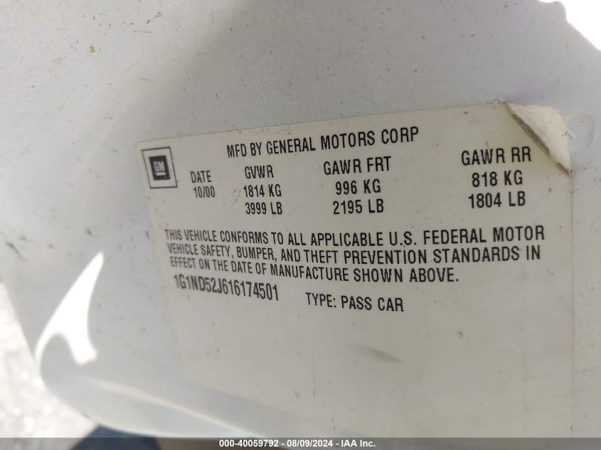 2001 Chevrolet Malibu VIN: 1G1ND52J616174501 Lot: 40059792