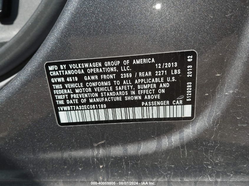 2014 Volkswagen Passat 1.8T Se VIN: 1VWBT7A32EC061189 Lot: 40059805