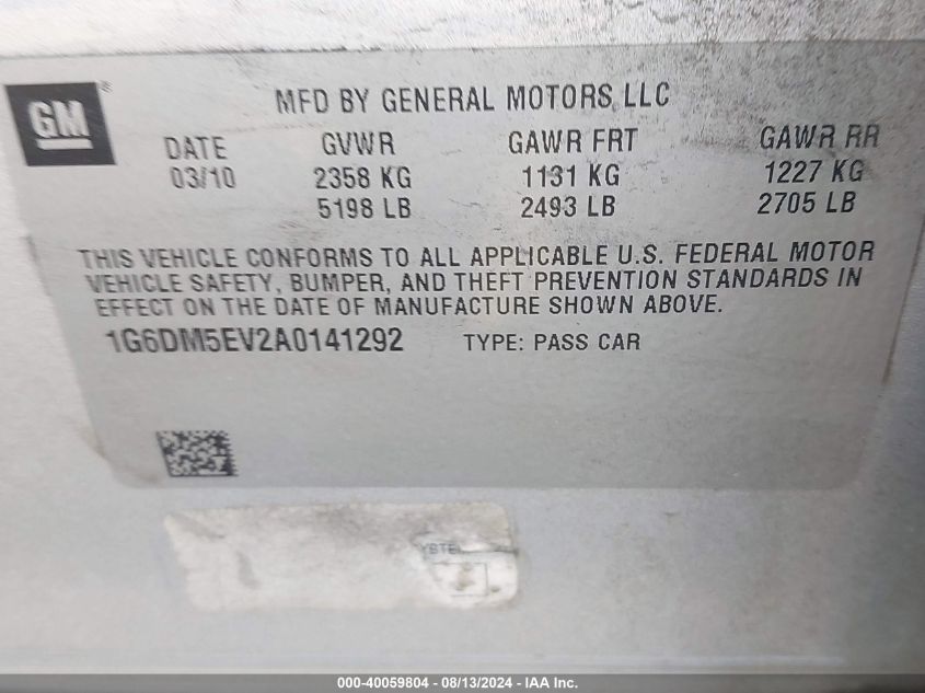 2010 Cadillac Cts Standard VIN: 1G6DM5EV2A0141292 Lot: 40059804