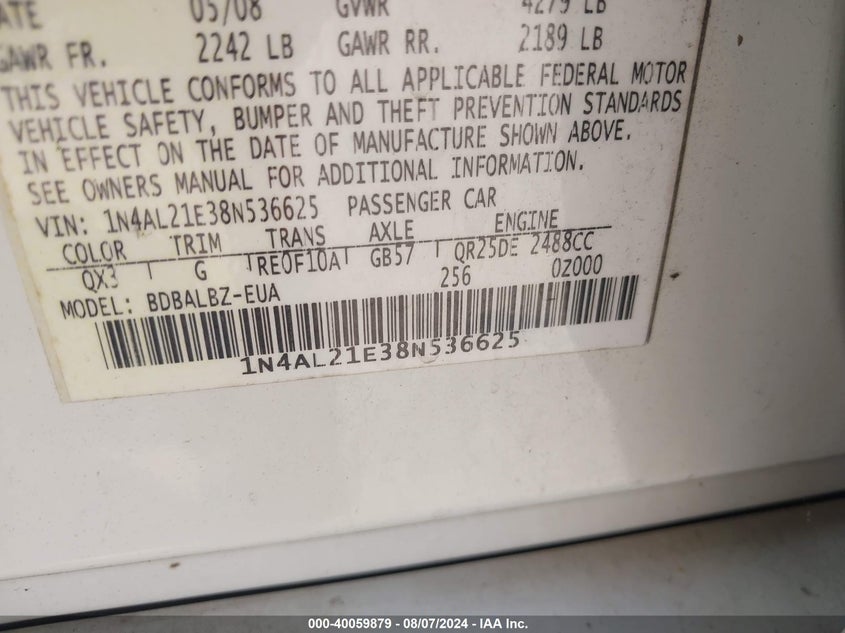 2008 Nissan Altima 2.5 S VIN: 1N4AL21E38N536625 Lot: 40059879