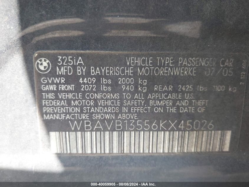 2006 BMW 325 I VIN: WBAVB13556KX45026 Lot: 40059905
