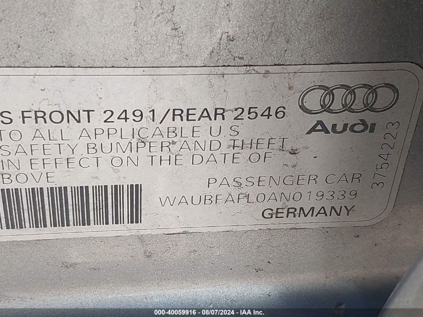 2010 Audi A4 2.0T Premium VIN: WAUBFAFL0AN019339 Lot: 40059916