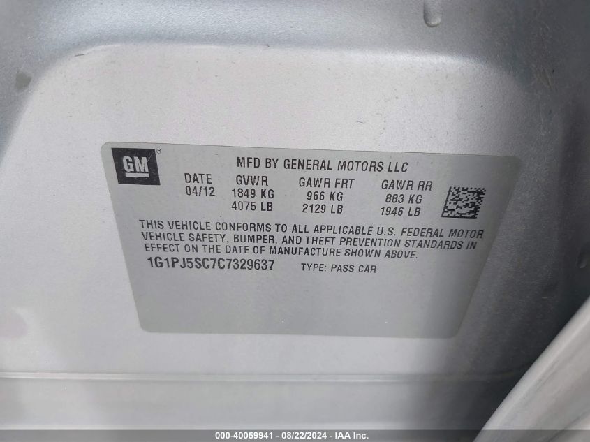 2012 Chevrolet Cruze Eco VIN: 1G1PJ5SC7C7329637 Lot: 40059941
