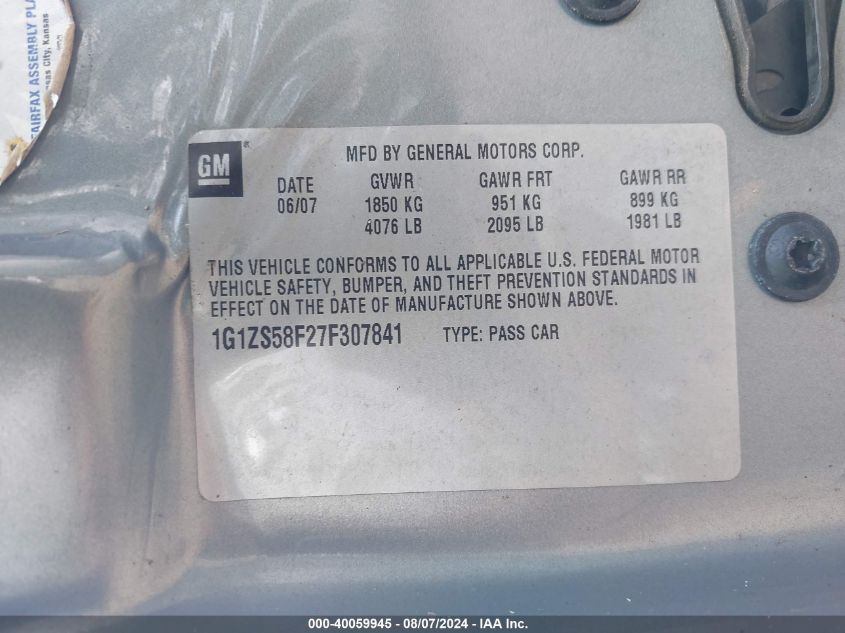 2007 Chevrolet Malibu Ls VIN: 1G1ZS58F27F307841 Lot: 40059945